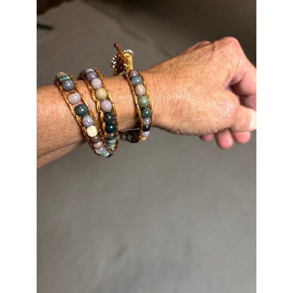 Boho Multi Stone Beaded Wrap Bracelet Gold Cord Silver Sunflower Toggle Closure - Picture 5 of 5